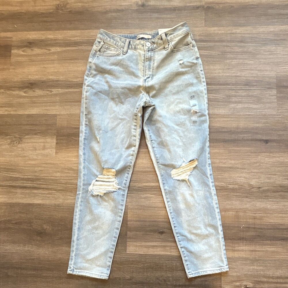 SO Womens High Rise Mom Jeans Light Wash Blue Denim Distressed Stretch Size 5